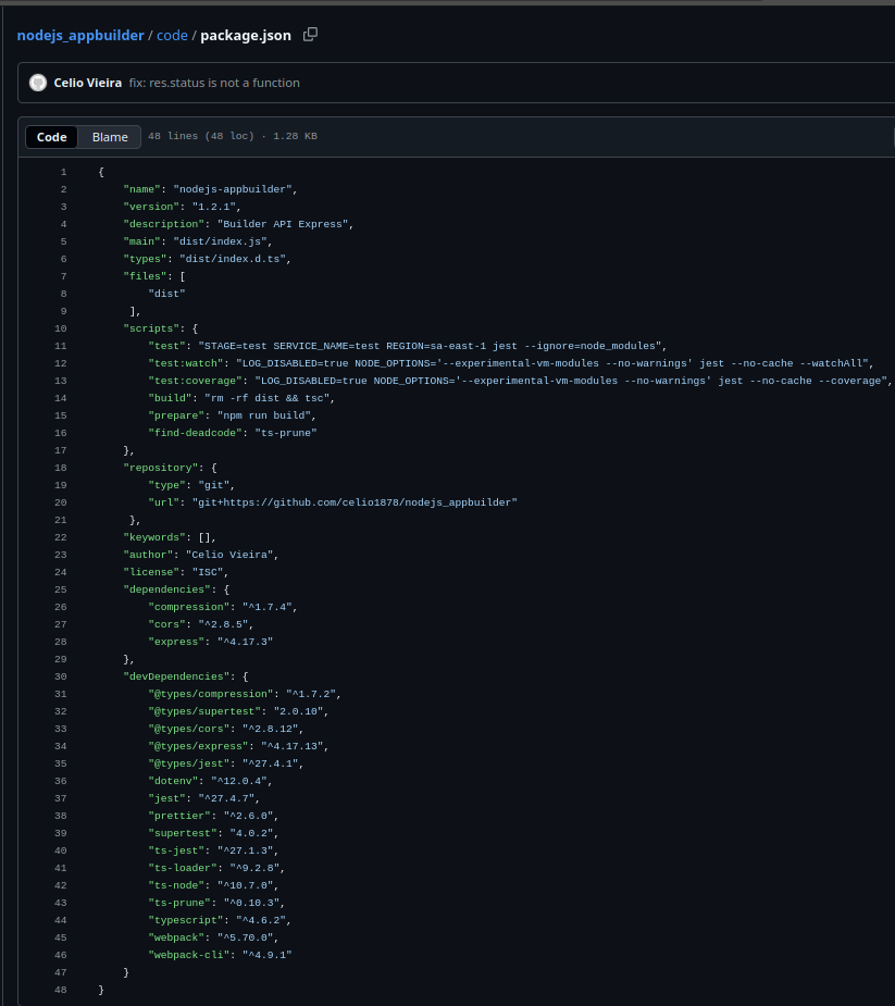 NodeJS App Builder screenshot — Packages and scripts