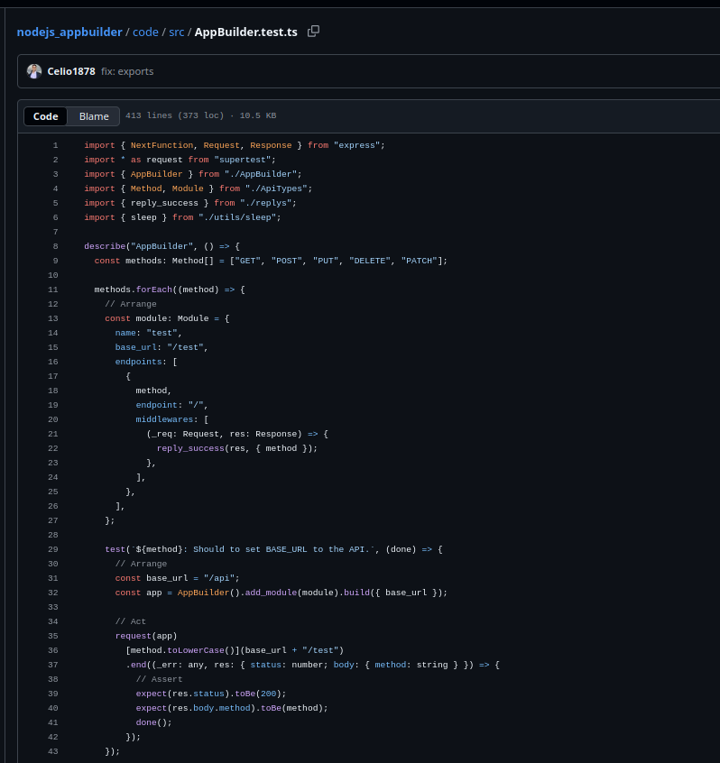 NodeJS App Builder screenshot — Tests overview